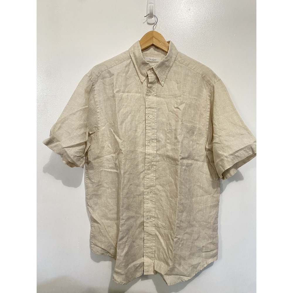 Turnbury Men 100% Linen Short Sleeve Button-down‎ Shirt Large Beige Tan Cream